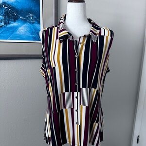 Striped Sleeveless Button-Front Blouse - White, Black, Burgundy, Mustard